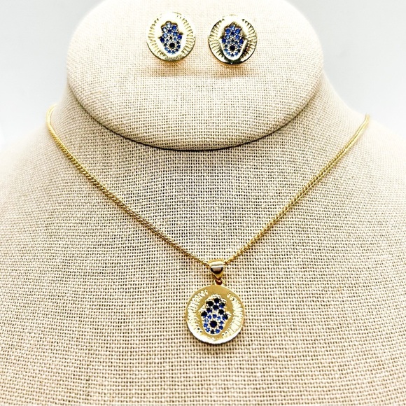 NWOT Hamsa Hand, Evil Eye Earring and Necklace with Charm set, Gold Filled 18" - Picture 9 of 14
